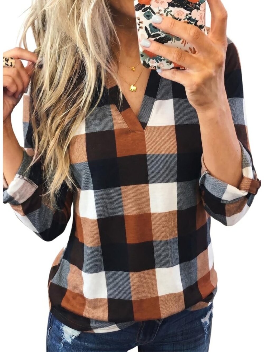 Womens Tops Plaid Cotton Cuffed 3/4 Sleeve Shirts Blouses